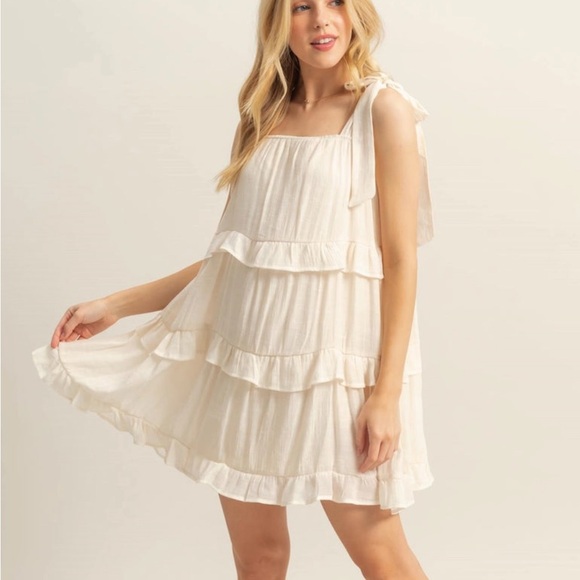 HYFVE | Self Tie Straps Ruffle Cream Tiered Mini Dress | Sz M - Picture 1 of 6